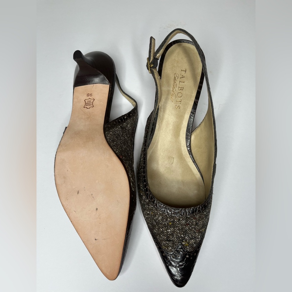 New Talbots Brown snake skin sling back heels